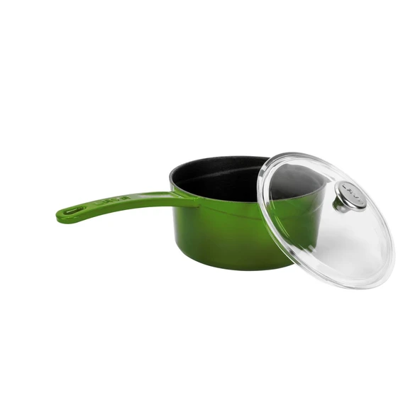 Lava Döküm Yuvarlak Sos Tenceresi Cam kapaklı, Metal Saplı. Glaze Serisi Çap(Ø16 cm.  Yeşil - Resim 2