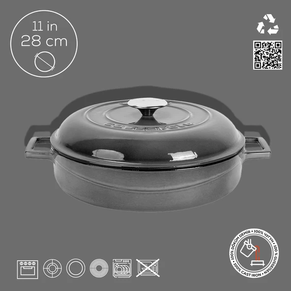 Lava Döküm Çok Amaçlı Yayvan Tencere Döküm Demir Kubbe Form Kapak Premium Serisi Çap(Ø)28cm.  Gri - 4