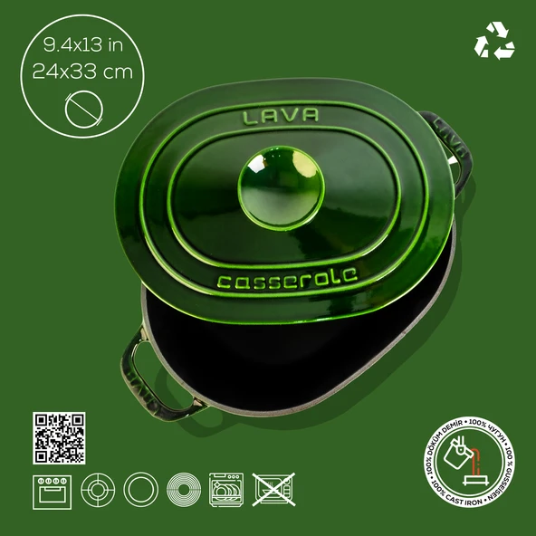 Lava Döküm Oval Tencere Döküm Demir Kapak Experience Majolik Serisi Ölçü 24x33cm.  Yeşil - 4