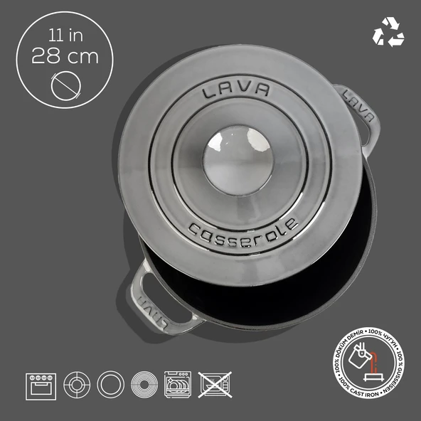 Lava Döküm Yuvarlak Tencere Döküm Demir Kapak Experience Majolik Serisi Çap(Ø)28cm  Gri - Resim 4