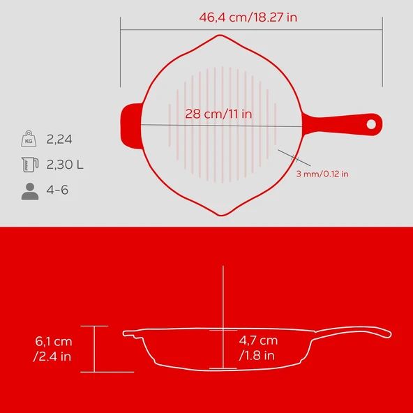 Lava Döküm Yuvarlak Izgara Tavası Döküm Demir Yekpare Saplı Edition Serisi Çap(Ø)28cm.  Kırmızı - Resim 5