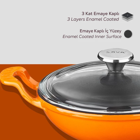 Lava Döküm Mini Wok Yekpare Kulplu Cam Kapaklı Çap(Ø)16cm.  Turuncu - 5