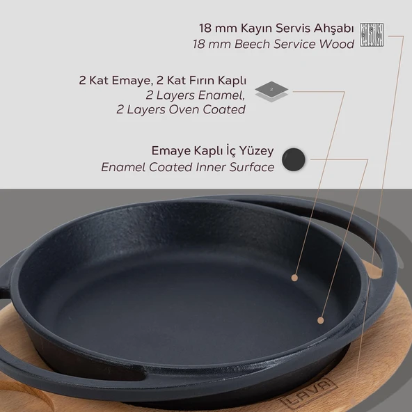 Lava Döküm Yuvarlak Sahan Döküm Demir Yekpare Çift Kulplu Kayın Servis Ahşabı Çap(Ø)12cm. - Resim 6