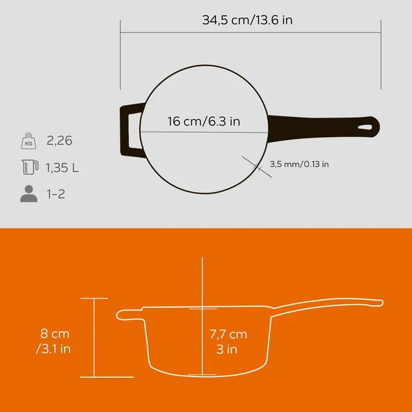 Lava Döküm Yuvarlak Sos Tenceresi Cam kapaklı, Metal Saplı. Glaze Serisi Çap(Ø16 cm.  Turuncu - Resim 5
