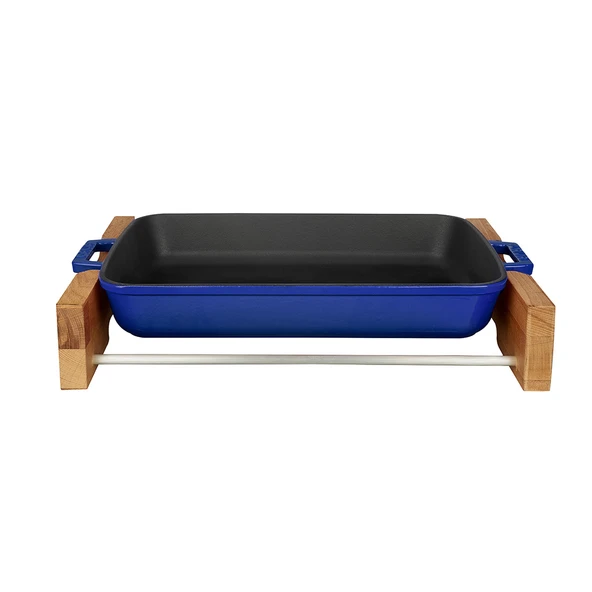 Lava Döküm Dikdörtgen Rosto ve Fırın Tepsisi Kayın Servis Ahşabı Döküm Demir Yekpare Çift Kulplu Ölçü 22x30cm.  Mavi - 1