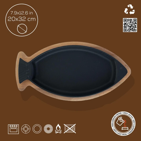 Lava Döküm Balık Tabağı Döküm Demir Yekpare Kulplu Kayın Servis Ahşabı Ölçü 20x32cm. - 3
