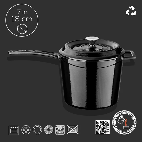 Lava Döküm Yuvarlak Sos Tenceresi. Döküm Demir Yekpare Saplı Trendy Serisi Çap(Ø18 cm.  Siyah - Resim 3