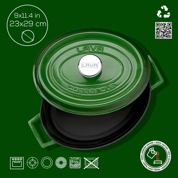 Lava Döküm Oval Tencere. Trendy Serisi Ölçü 23x29cm.  Yeşil - Resim 4