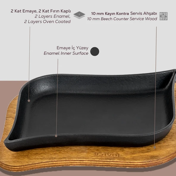 Lava Döküm Dikdörtgen Servis Tabağı ve Ahşap altlığı. Ölçü 13x19cm. - 6