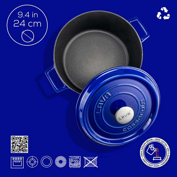 Lava Döküm Yuvarlak Tencere Döküm Demir Yekpare Kulplu Premium Serisi Çap(Ø)24cm.  Mavi - Resim 5