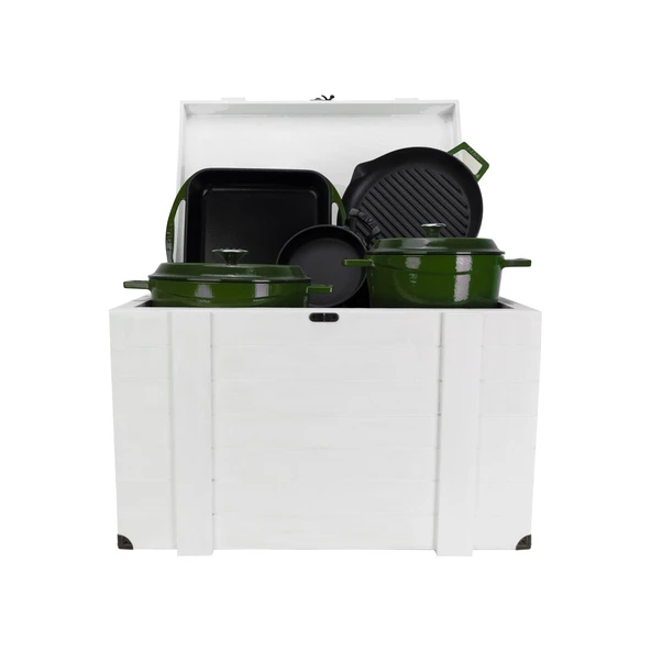 LAVA Döküm Beyaz Ahşap Sandık Hediyeli Çeyiz Seti  Yeşil - Resim 2