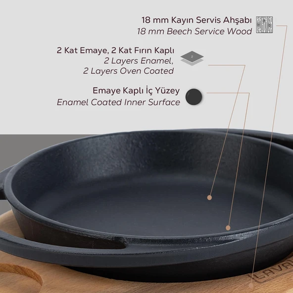 Lava Döküm Yuvarlak Sahan Döküm Demir Yekpare Çift Kulplu Kayın Servis Ahşabı Çap(Ø)20cm. - Resim 6