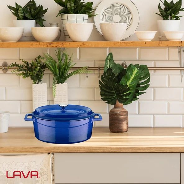Lava Döküm Oval Tencere. Trendy Serisi Ölçü 21x27cm.  Mavi - Resim 7
