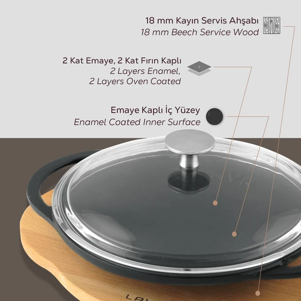 Lava Döküm Yuvarlak Saç Kavurma Tavası Döküm Demir Yekpare Çift Kulplu Cam Kapaklı Kayın Servis Ahşabı Çap(Ø)20cm. - 4