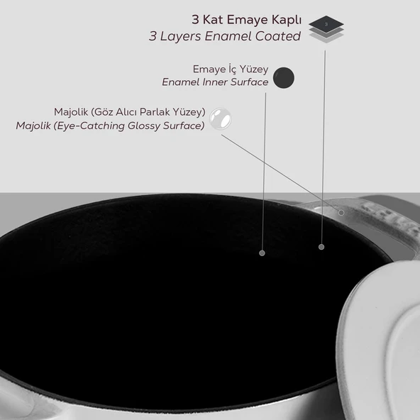 Lava Döküm Yuvarlak Tencere Döküm Demir Kapak Experience Majolik Serisi Çap(Ø)23cm  Beyaz - Resim 6