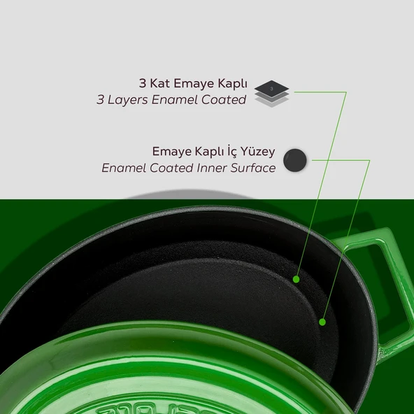 Lava Döküm Oval Tencere. Trendy Serisi Ölçü 21x27cm.  Yeşil - Resim 6