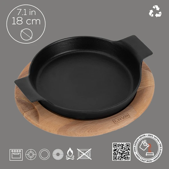 Lava Döküm Yuvarlak Sahan Döküm Demir Yekpare Çift Kulplu Kayın Servis Ahşabı. Çap(Ø)18cm. - Resim 4