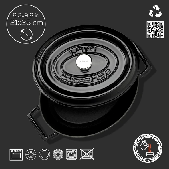 Lava Döküm Oval Tencere. Trendy Serisi Ölçü 21x25cm.  Siyah - Resim 4