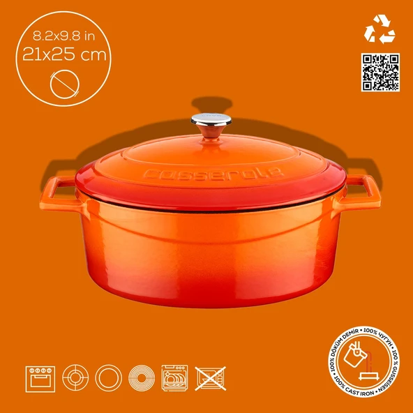 Lava Döküm Oval Tencere. Folk Serisi Ölçü 21x25cm.  Turuncu - Resim 4