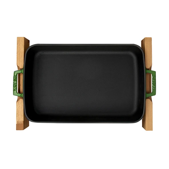 Lava Döküm Dikdörtgen Rosto ve Fırın Tepsisi Kayın Servis Ahşabı Döküm Demir Yekpare Çift Kulplu Ölçü 22x30cm.  Yeşil - 2