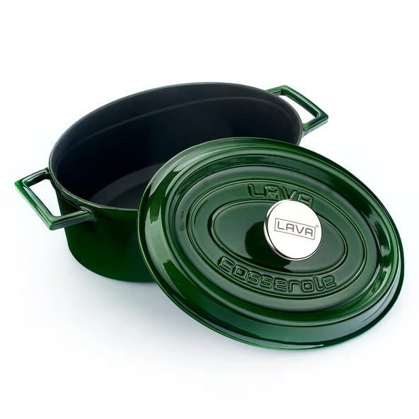 Lava Döküm Oval Tencere Döküm Demir Yekpare Kulplu Premium Serisi Ölçü 21x27cm.  Yeşil - Resim 3