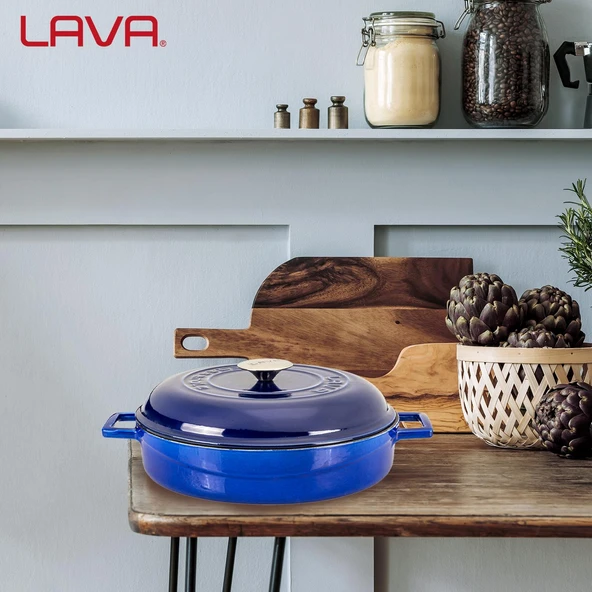 Lava Döküm Çok Amaçlı Yayvan Tencere Döküm Demir Kubbe Form Kapak Premium Serisi Çap(Ø)28cm.  Mavi - Resim 8