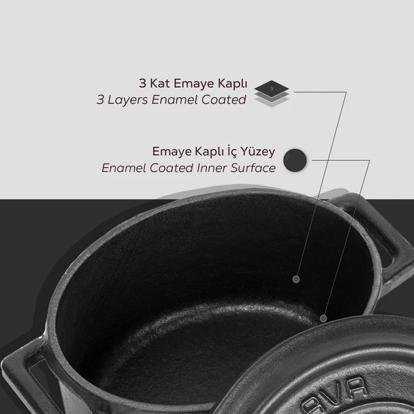 Lava Döküm Mini Oval Tencere. Trendy Serisi Ölçü 9x12cm.  Mat Siyah - 6