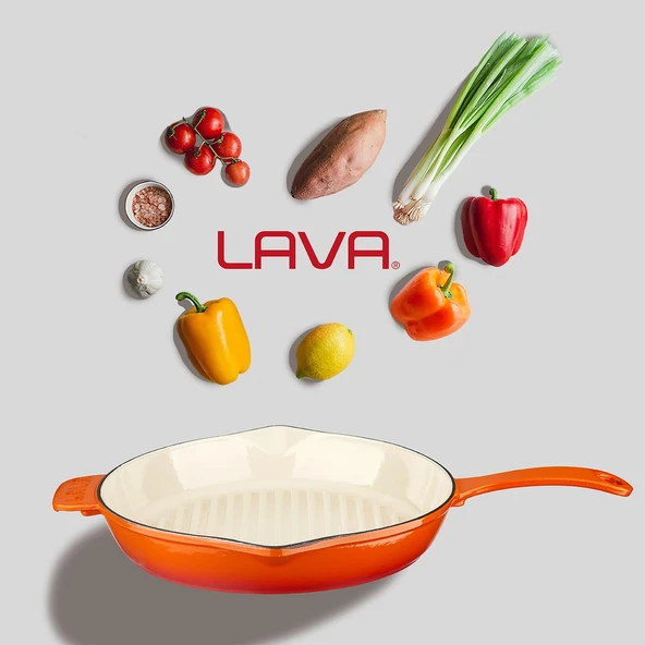 Lava Döküm Yuvarlak Izgara Tavası Döküm Demir Yekpare Saplı Edition Serisi Çap(Ø)28cm.  Turuncu - 7