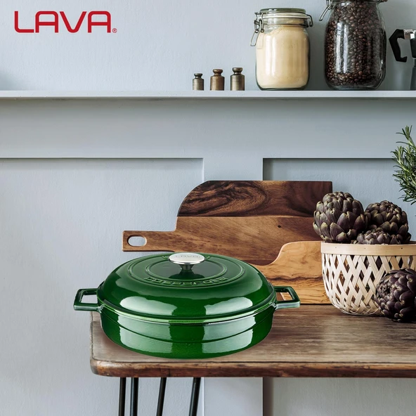 Lava Döküm Çok Amaçlı Yayvan Tencere Döküm Demir Kubbe Form Kapak Premium Serisi Çap(Ø)28cm.  Yeşil - Resim 7