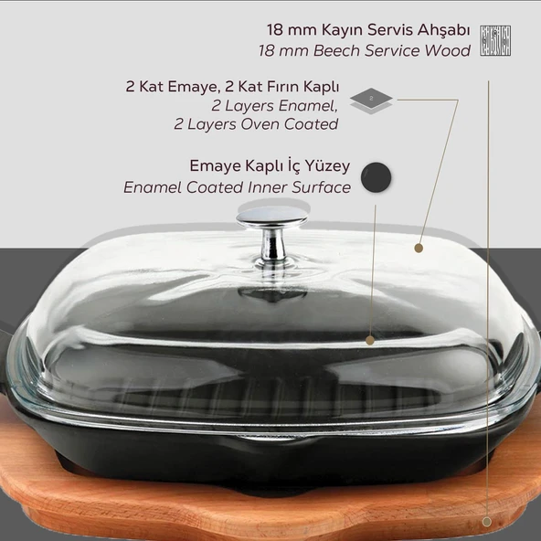 Lava Döküm Izgara Tavası Cam Kapaklı Kayın Servis Ahşabı Döküm Demir Yekpare Çift Kulplu Ölçü 26x26cm. - 4