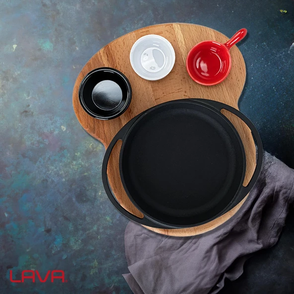 Lava Döküm Yuvarlak Sahan Döküm Demir Yekpare Çift Kulplu Kayın Servis Ahşabı Çap(Ø)16cm. (Sos Kapları Dahil Değildir.) - Resim 5