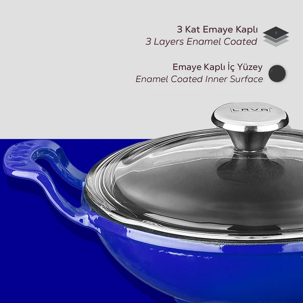 Lava Döküm Mini Wok Yekpare Kulplu Cam Kapaklı Çap(Ø)16cm.  Mavi - 5