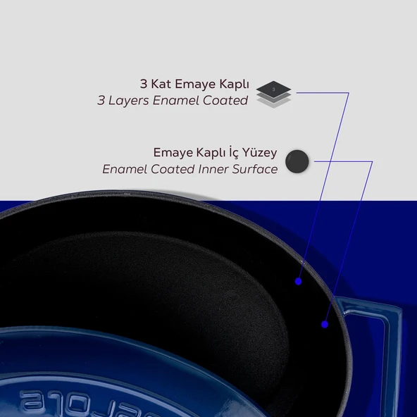 Lava Döküm Oval Tencere. Folk Serisi Ölçü 21x27cm.  Mavi - Resim 6