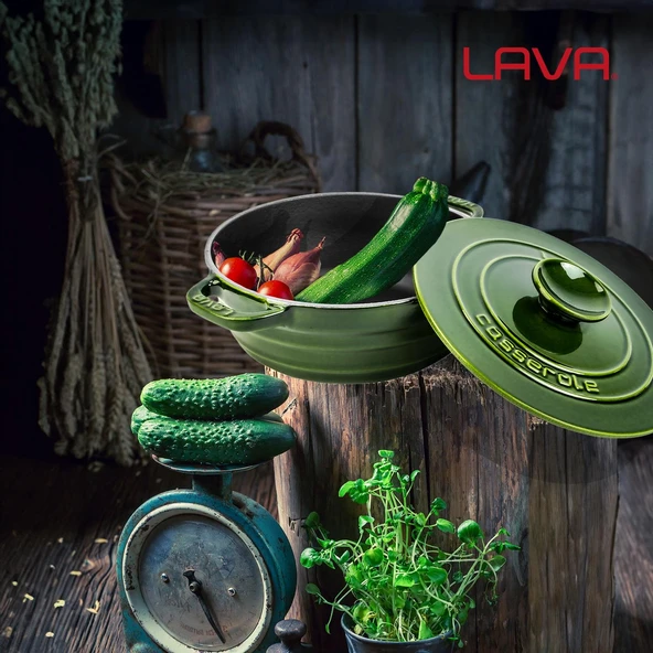 Lava Döküm Yuvarlak Tencere Döküm Demir Kapak Experience Majolik Serisi Çap(Ø)28cm  Yeşil - Resim 7