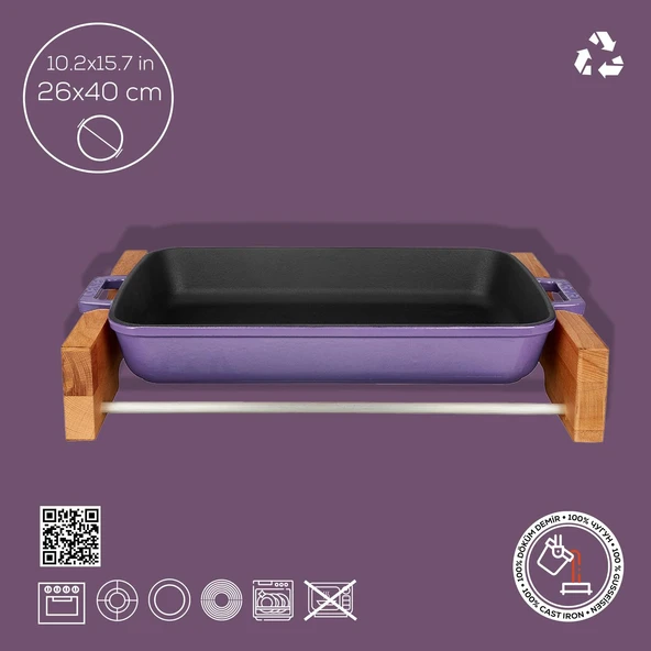 Lava Döküm Dikdörtgen Rosto ve Fırın Tepsisi Kayın Servis Ahşabı Döküm Demir Yekpare Çift Kulplu Ölçü 26x40cm.  Mor - 4
