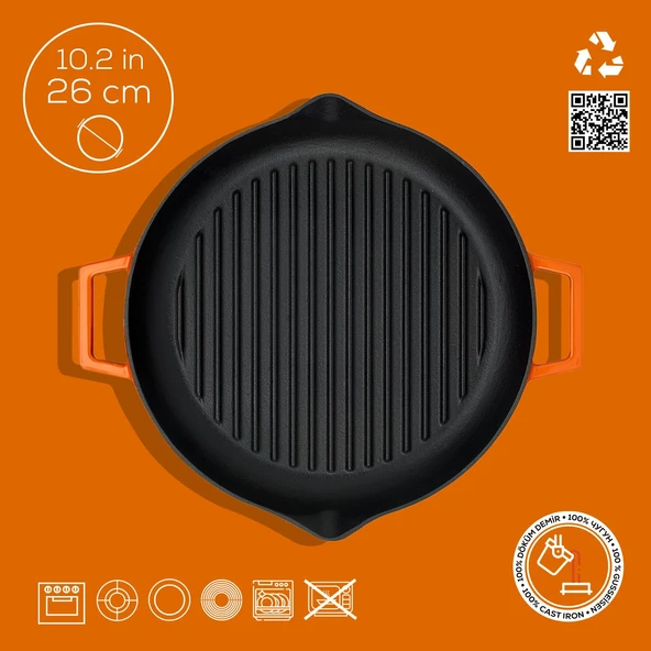 Lava Döküm Yuvarlak Izgara Tavası Döküm Demir Yekpare Çift Kulplu Çap(Ø)26cm.  Turuncu - Resim 4