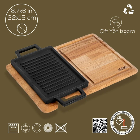 Lava Döküm Dikdörtgen Çift Yön Izgara ve Düz Yüzey Hot Plate Kayın Servis Ahşabı Ölçü 22x15cm. - Resim 3