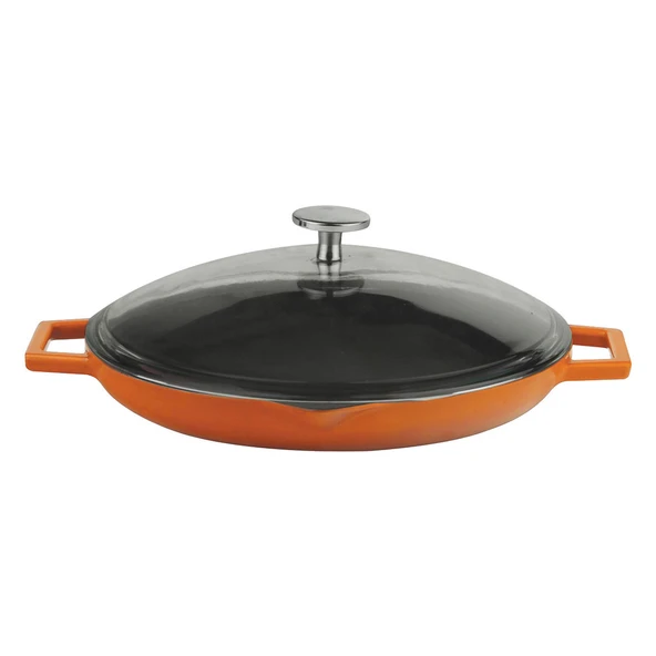 Lava Döküm Yuvarlak Kızartma Tavası Cam Kapaklı Döküm Demir Yekpare Çift Kulplu Çap(Ø)30cm.  Turuncu ürün görseli