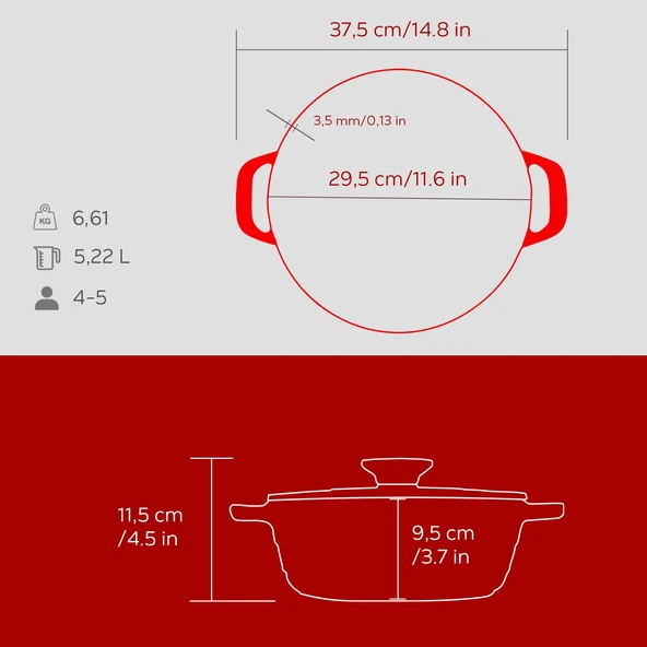Lava Döküm Yuvarlak Tencere Döküm Demir Kapak Experience Majolik Serisi Çap(Ø)28cm  Kırmızı - Resim 5