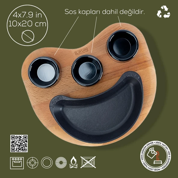 Lava Döküm Böbrek Formlu Fajita Tabağı Kayın Servis Ahşabı Ölçü 10x20cm. (Sos Kapları Dahil Değildir.) - Resim 2