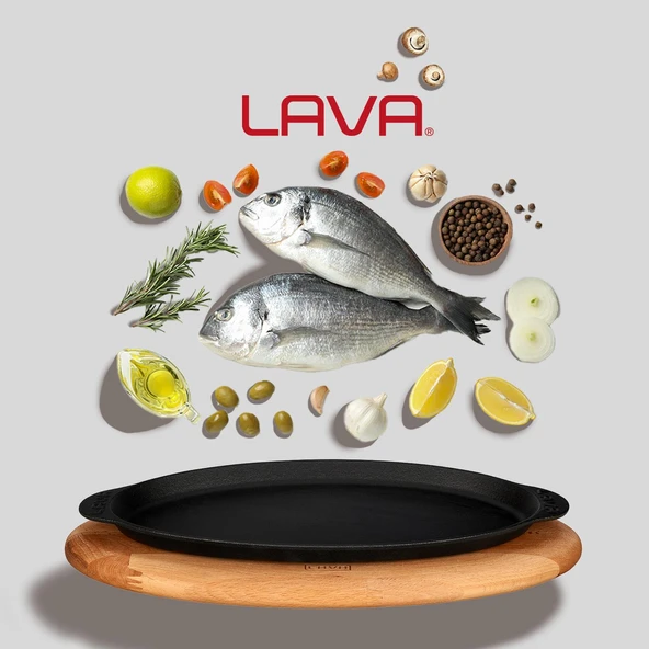 Lava Döküm Balık Tabağı Döküm Demir Yekpare Kulplu Kayın Servis Ahşabı 15x29cm. - 6