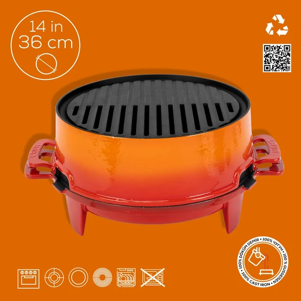 Lava Döküm Yuvarlak Mangal Izgara Set Döküm Demir Yekpare Çift Kulplu Çap (Ø)36cm. Turuncu - 5