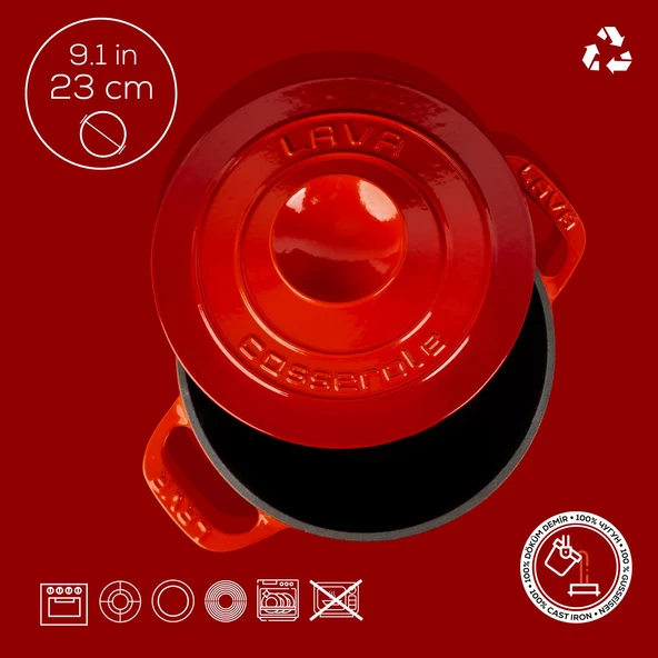 Lava Döküm Yuvarlak Tencere Döküm Demir Kapak Experience Serisi Çap(Ø)23cm  Kırmızı - Resim 4