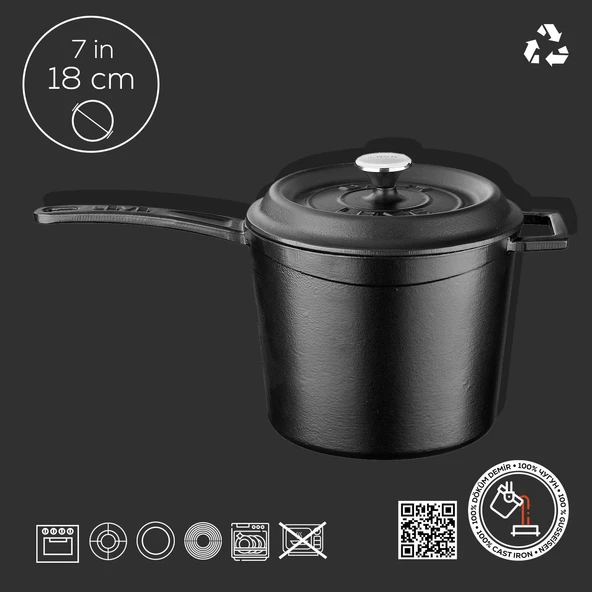 Lava Döküm Yuvarlak Sos Tenceresi. Döküm Demir Yekpare Saplı Trendy Serisi Çap(Ø18 cm.  Mat Siyah - 3
