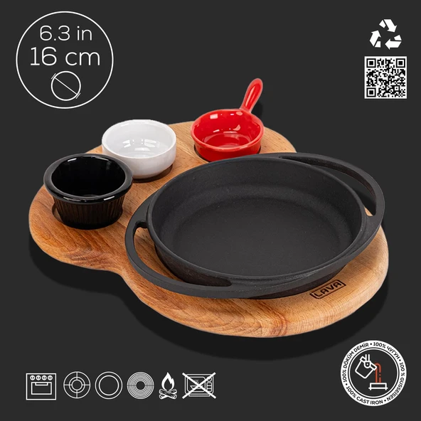 Lava Döküm Yuvarlak Sahan Döküm Demir Yekpare Çift Kulplu Kayın Servis Ahşabı Çap(Ø)16cm. (Sos Kapları Dahil Değildir.) - Resim 2