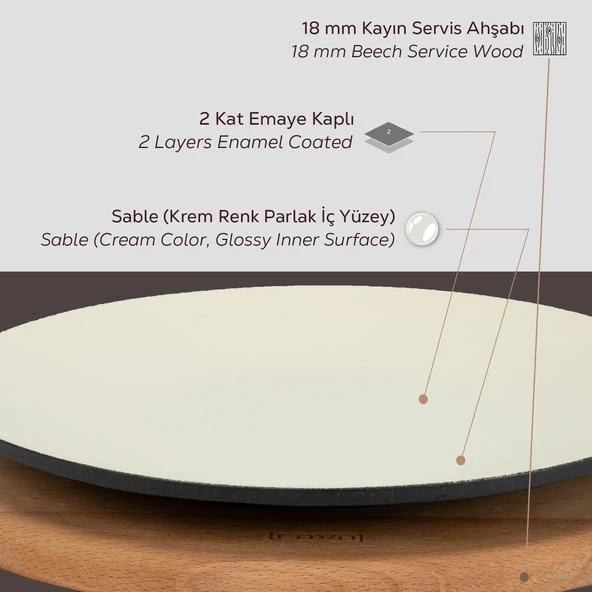Lava Döküm Yuvarlak Servis Tabağı ve Kayın Servis Ahşabı. İçi Sable Çap(Ø)25cm. - 5