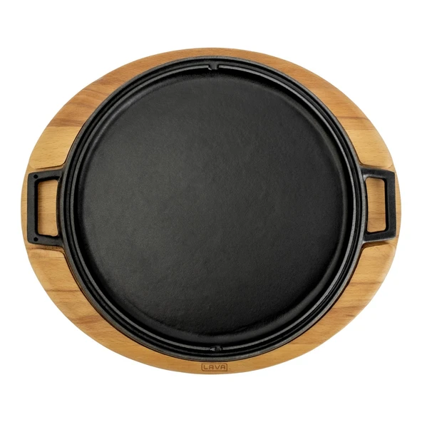 Lava Döküm Yuvarlak Çift Yön Izgara Tavası Kayın Servis Ahşabı Döküm Demir Yekpare Çift Kulplu Çap(Ø)28cm. - 2