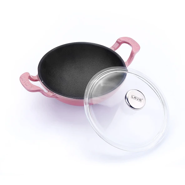 Lava Döküm Mini Wok Yekpare Kulplu Cam Kapaklı Çap(Ø)16cm.  Pembe - 2