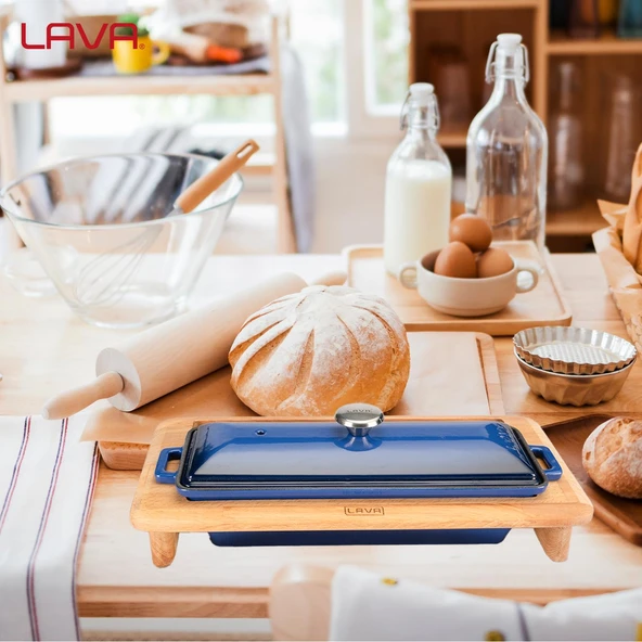 Lava Döküm Ekmek Tenceresi / Kayın Ağacı Servis Standı / Terrine Serisi. Ölçü 11x29cm.  Mavi - Resim 7