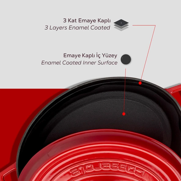 Lava Döküm Oval Tencere. Trendy Serisi Ölçü 23x29cm.  Kırmızı - Resim 6